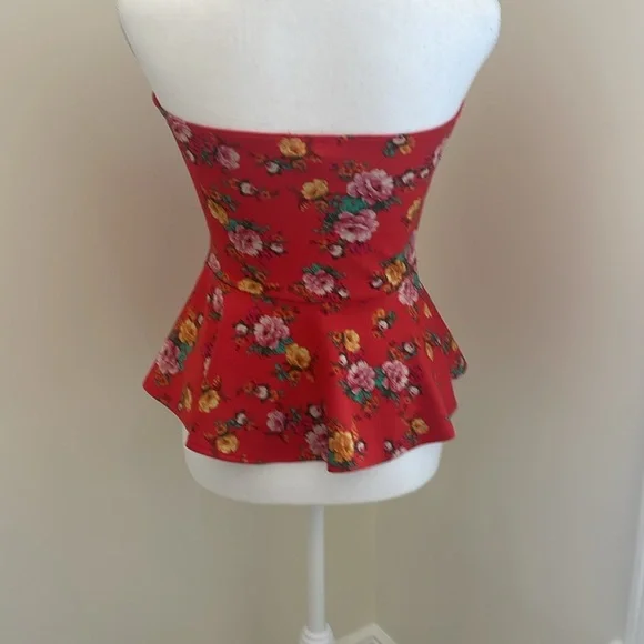 Love J Orange/Red Floral Strapless Peplum Top - Picture 3 of 5